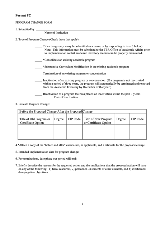 Fillable Academic Program Change Form Printable pdf