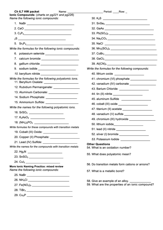Ch 6,7 Hw Packet - Ionic Compounds Printable pdf