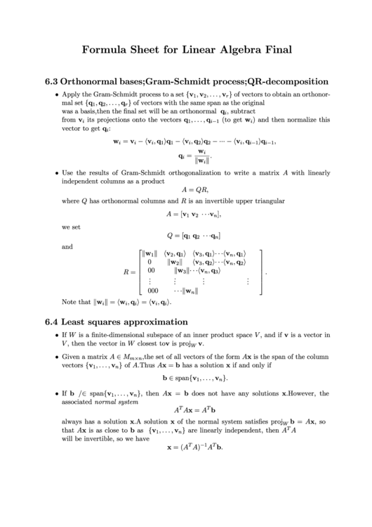 Formula Sheet For Linear Algebra - Final Printable pdf