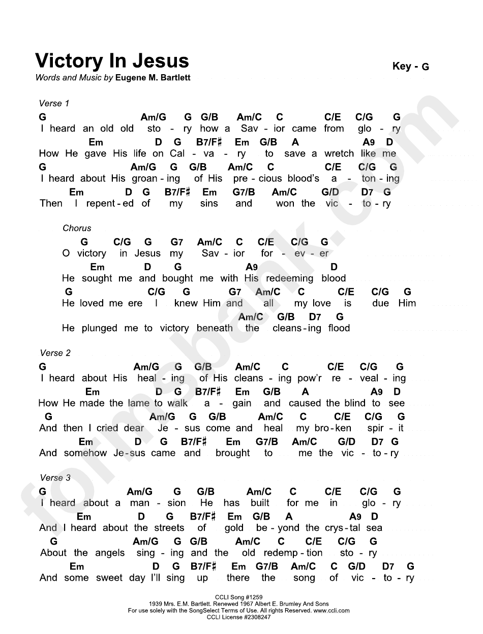 Victory In Jesus (Chord Sheet) printable pdf download