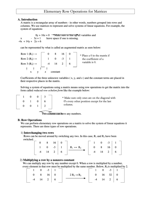 Elementary Row Operations For Matrices Printable pdf