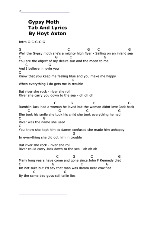 Gypsy Moth (Tab And Lyrics By Hoyt Axton) Printable pdf