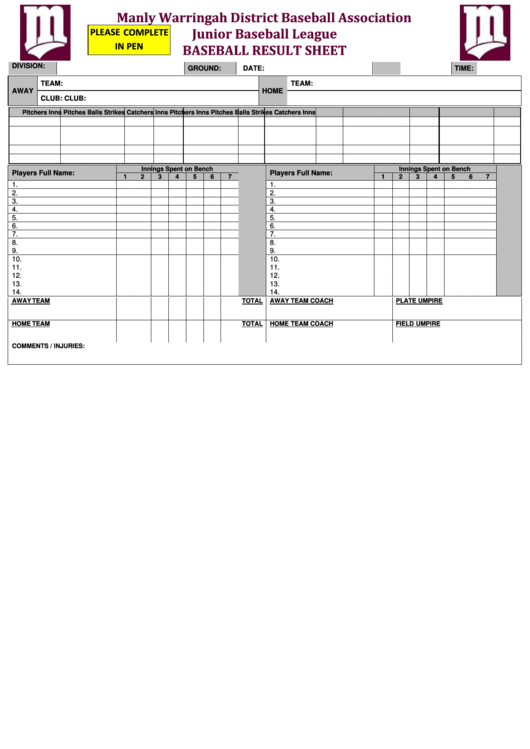 Junior Baseball League Baseball Result Sheet