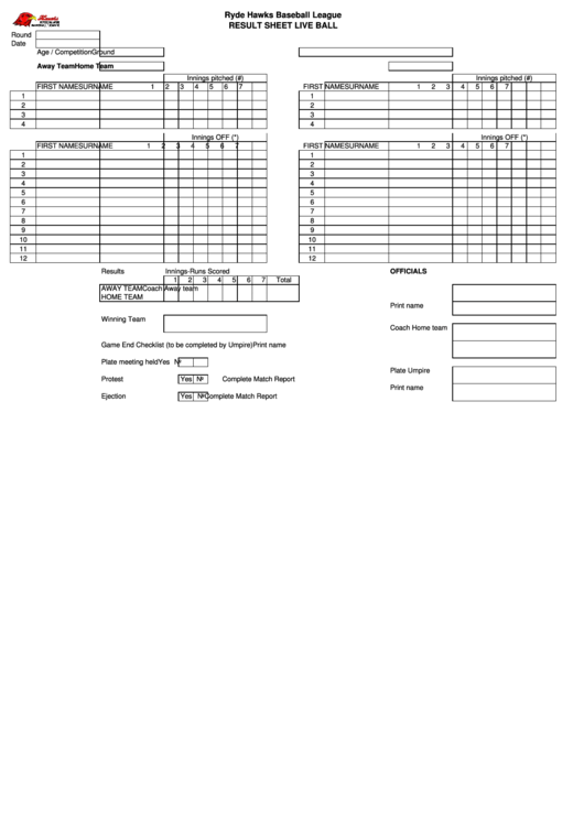 Ryde Hawks Baseball League Result Sheet Live Ball Printable pdf