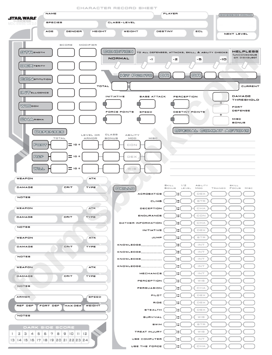 Star Wars Saga Edition Character Sheet printable pdf download