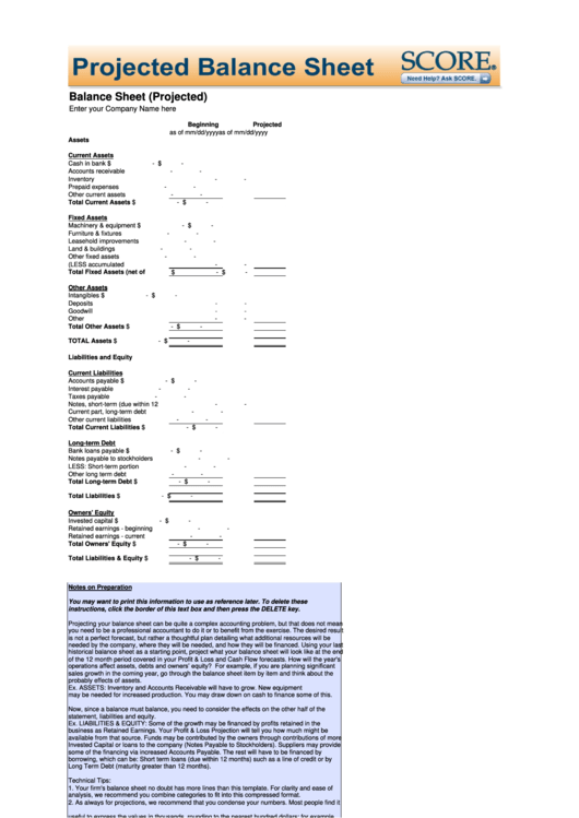 Balance Sheet (Projected) Template Printable pdf