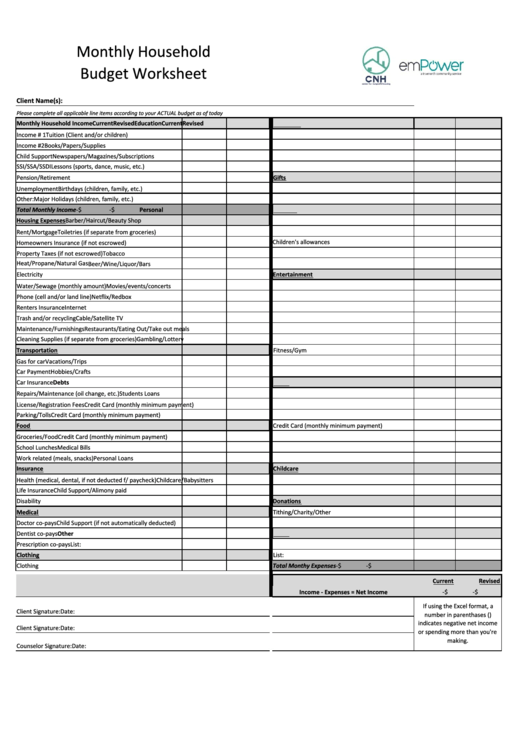 Monthly Household Budget Worksheet Template Printable pdf