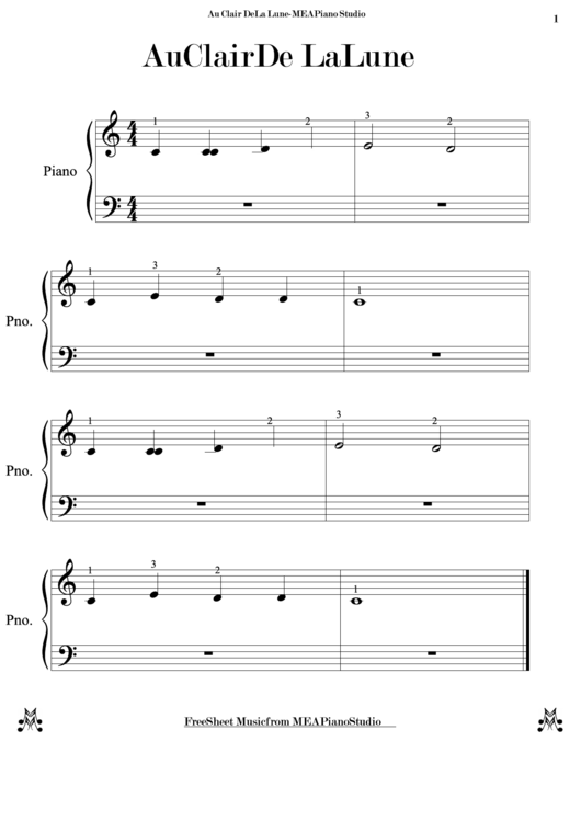 Au Clair De La Lune - Arrg. By Mea Piano Studio Printable pdf