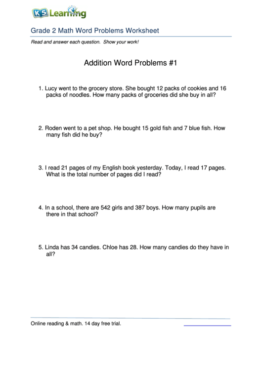 Addition Word Problems Printable pdf
