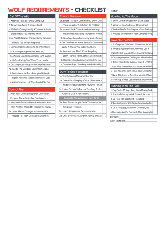 Wolf Requirements - Checklist Printable pdf