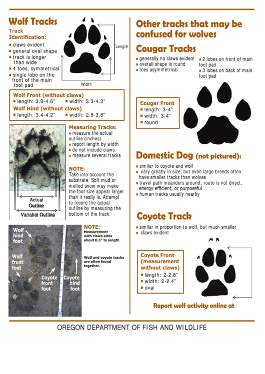 Oregon Department Of Fish And Wildlife - Wolf Tracking Sheet Printable pdf