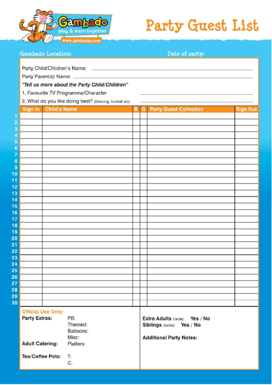 Child's Party Guest List Template