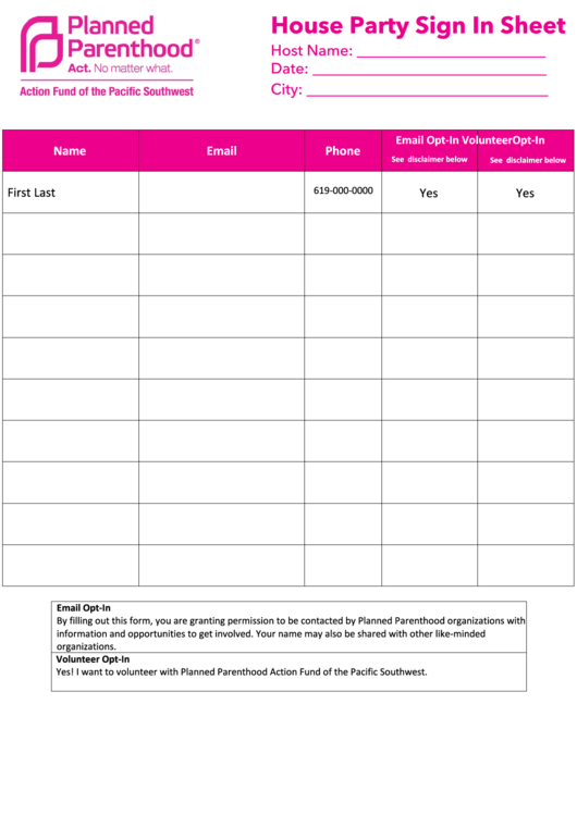 House Party Sign In Sheet Template Printable pdf
