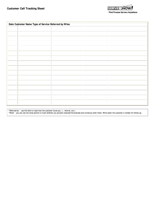 Customer Call Tracking Sheet Printable pdf