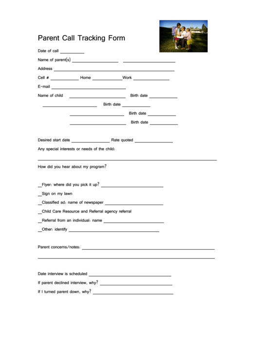 Parent Call Tracking Form Printable pdf