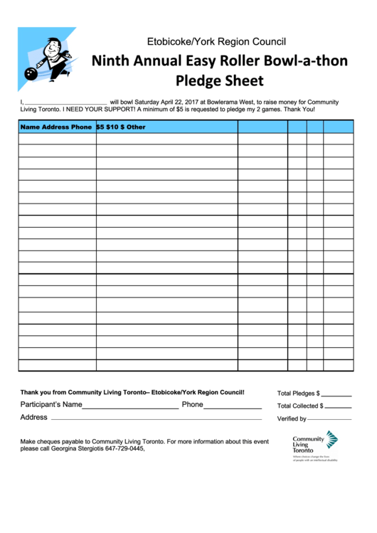Ninth Annual Easy Roller Bowl-A-Thon Pledge Sheet Printable pdf