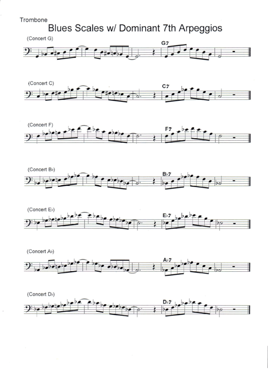 Trombone - Blues Scales W/ Dominant 7th Arpeggios Printable pdf
