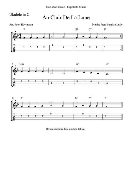 Au Clair De La Lune (Ukulele In C) Printable pdf