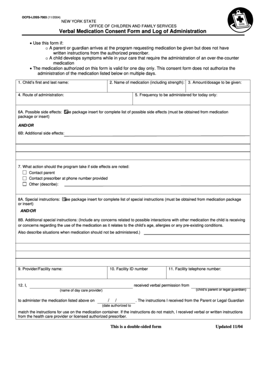 Verbal Medication Consent Form And Log Of Administration - New York State Office Of Children And Family Services Printable pdf