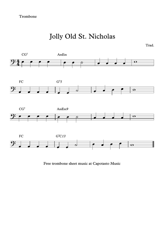 Jolly Old St. Nicholas (Trombone) Printable pdf