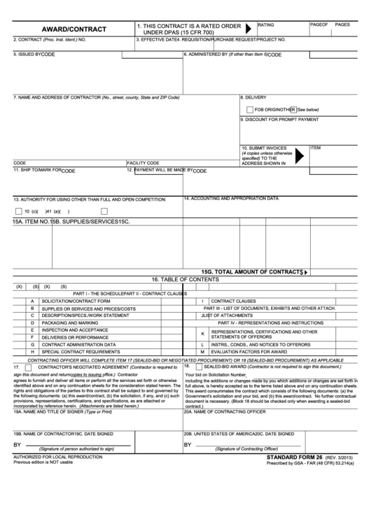 Fillable Standard Form 26 - Award/contract Printable pdf