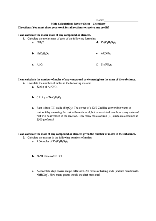 Mole Calculations Review Sheet - Chemistry Printable pdf
