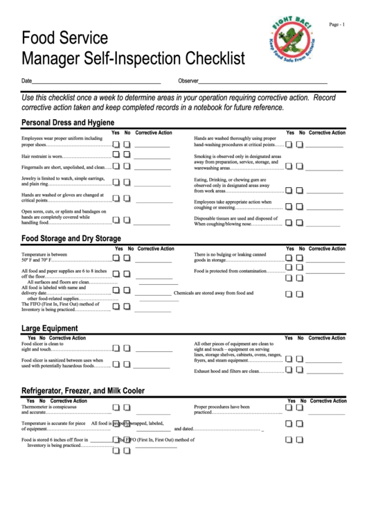 Food Service Manager Self-Inspection Checklist Printable pdf