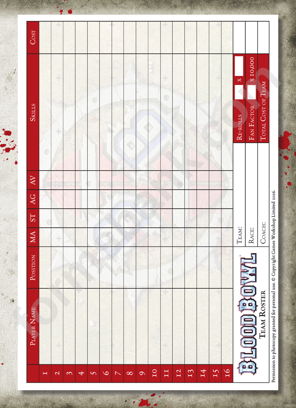 Blood Bowl Team Rooster Template