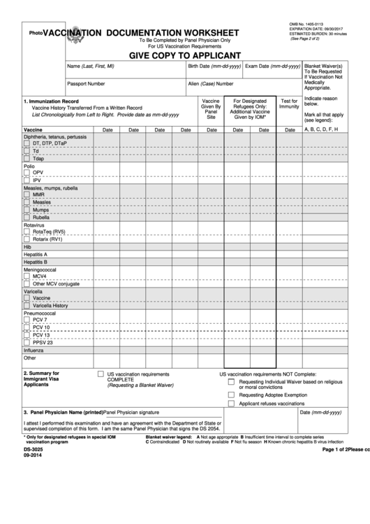 Fillable Ds-3025 Form - Vaccination Documentation Worksheet Printable pdf