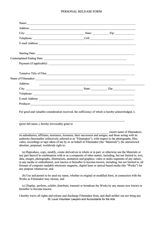 Personal Release Form Printable pdf