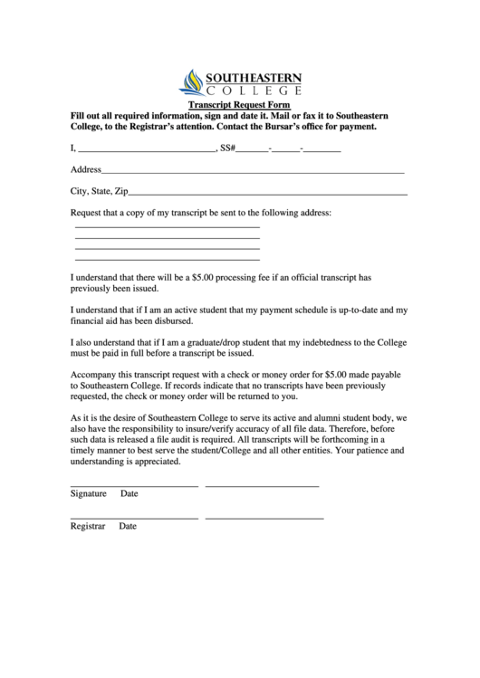 Transcript Request Form - Southeastern College Printable pdf