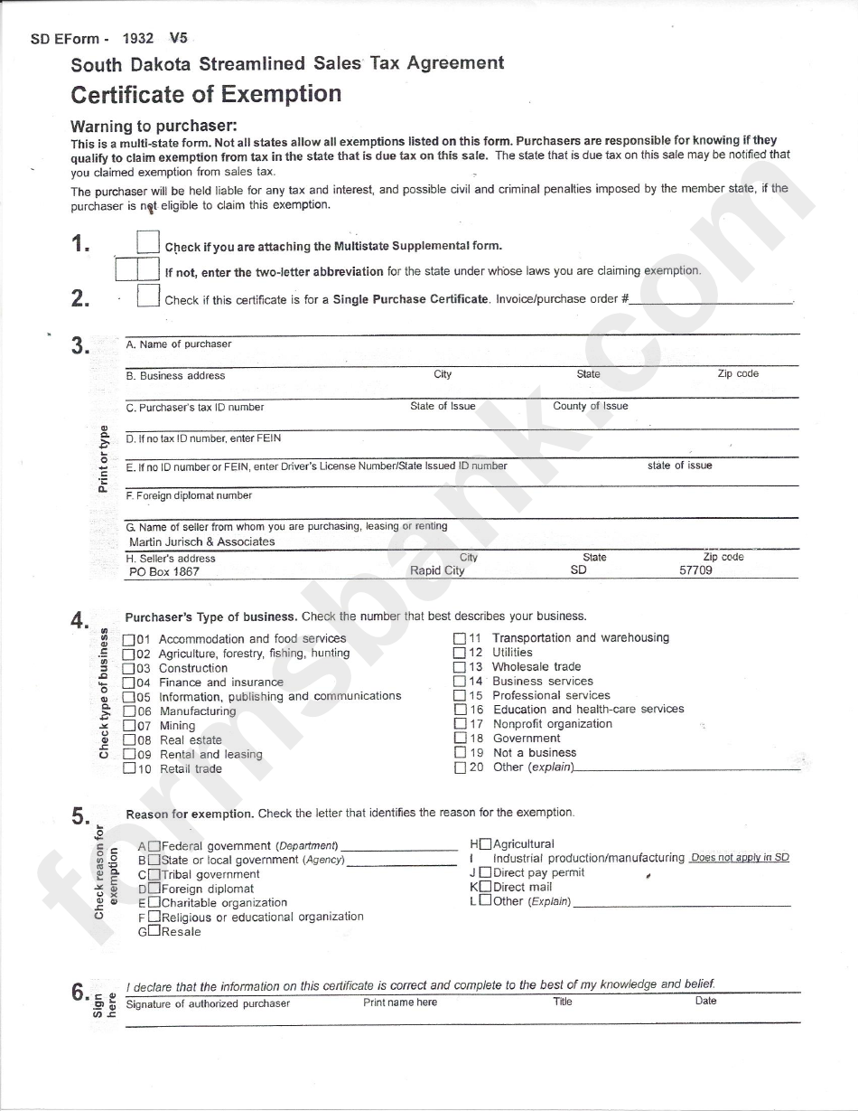 Certificate Of Exemption South Dakota Streamlined Sales Tax Agreement Printable Pdf Download 7649