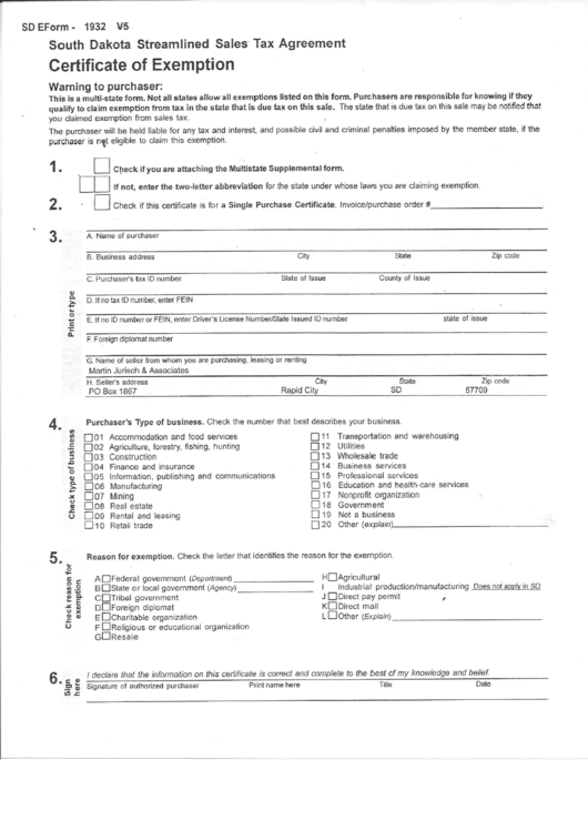 Certificate Of Exemption - South Dakota Streamlined Sales Tax Agreement Printable pdf