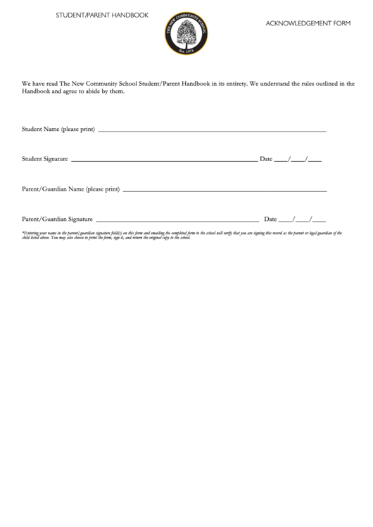 Fillable Student/parent Handbook Acknowledgement Form Printable pdf