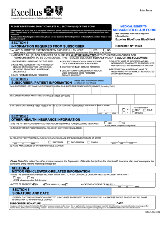 Fillable Form Msa-1 - Medical Benefits Subscriber Claim Form Printable pdf