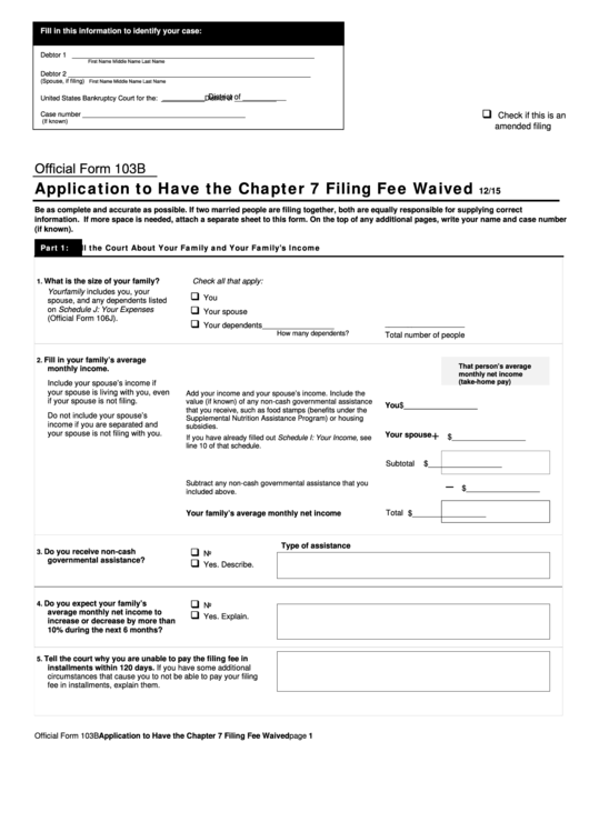 Fillable Official Form 103b - Application To Have The Chapter 7 Filing Fee Waived Printable pdf