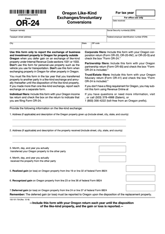 Fillable Form Or-24 - Oregon Like-Kind Exchanges/ Involuntary Conversions Printable pdf