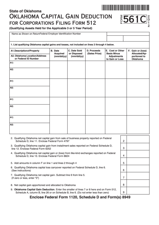 Fillable Form 561c - Oklahoma Capital Gain Deduction For Corporations Filing Form 512 - 2012 Printable pdf