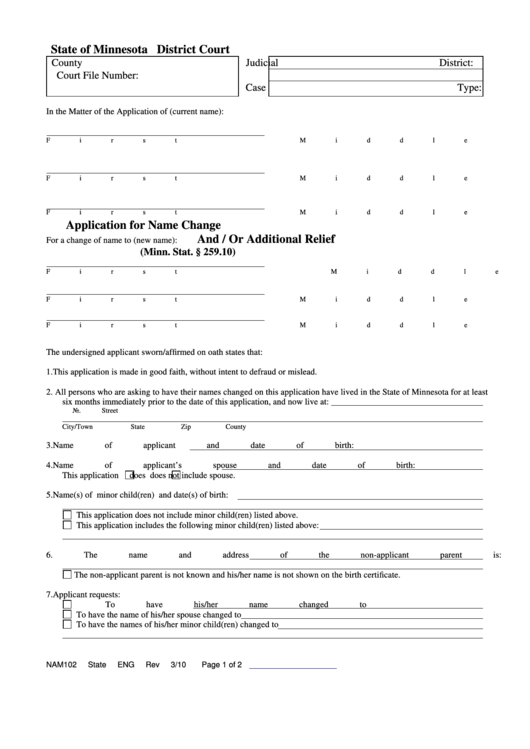 Fillable State Of Minnesota District Court Application For Name Change And/or Additional Relief Printable pdf