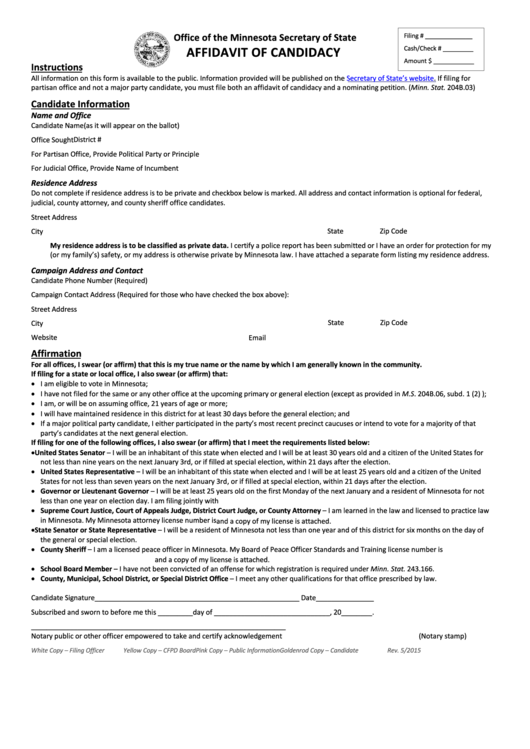 Affidavit Of Candidacy Form - Minnesota Secretary Of State