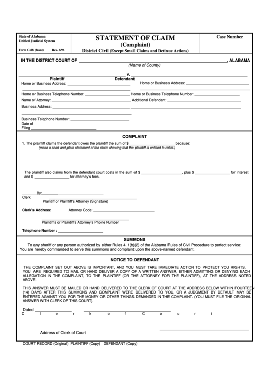 Fillable State Of Alabama Unified Judicial System - Form C-88 Statement Of Claim Printable pdf