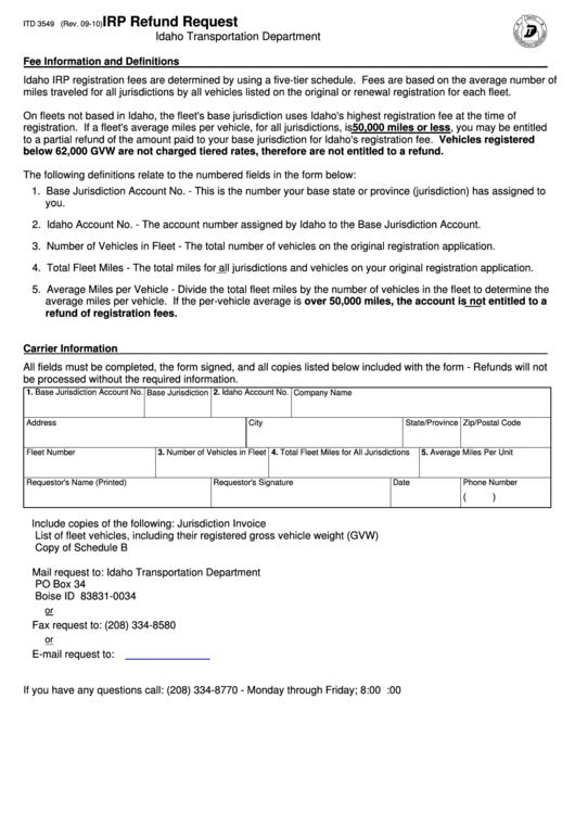 Fillable Form Itd 3549 - Irp Refund Request Printable pdf