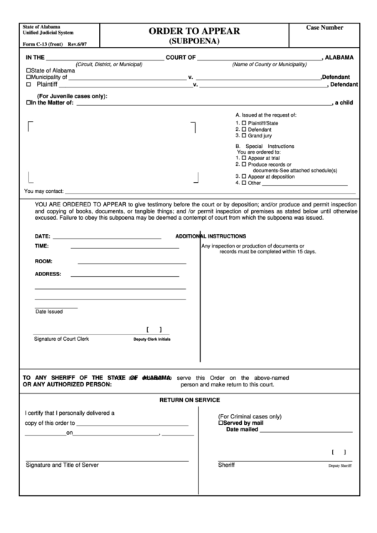 Fillable State Of Alabama Unified Judicial System - Form C-13, Order To Appear Printable pdf