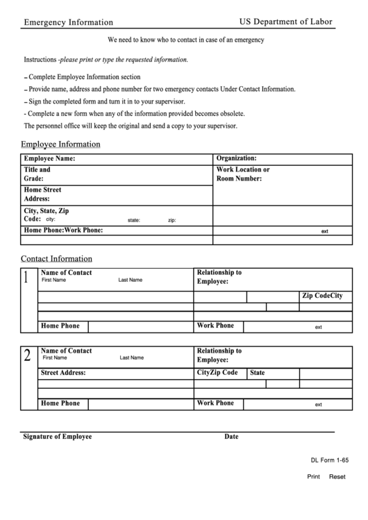 Fillable Dl Form 1-65 - Emergency Information - Us Department Of Labor Printable pdf