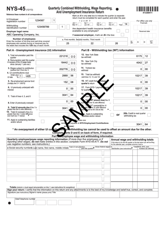 Fillable Nys-45 (12/13) Quarterly Combined Withholding, Wage Reporting, And Unemployment Insurance Return Printable pdf