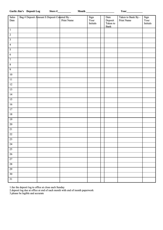 Cash Deposit Log Template printable pdf download