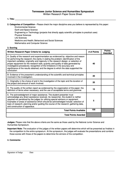 Fillable Score Sheet For Written Research Paper Printable pdf