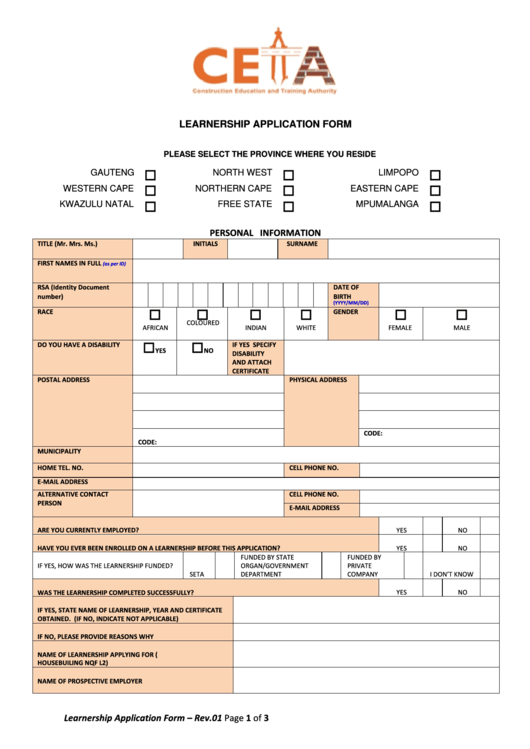 Learnership Application Form Printable pdf