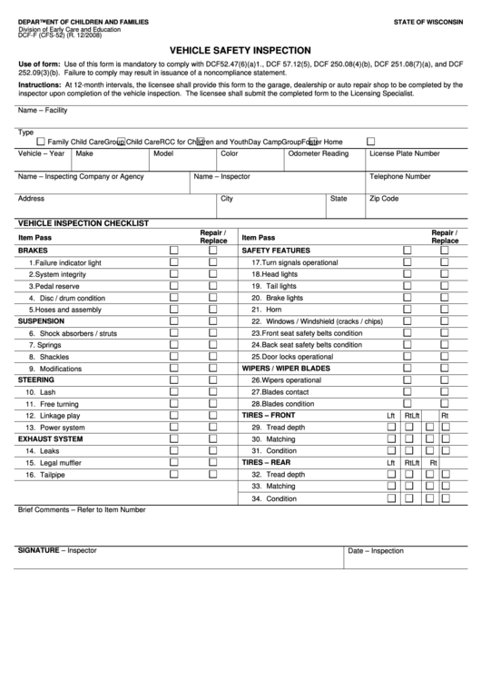 inspection safety vehicle form wisconsin dcf pdf