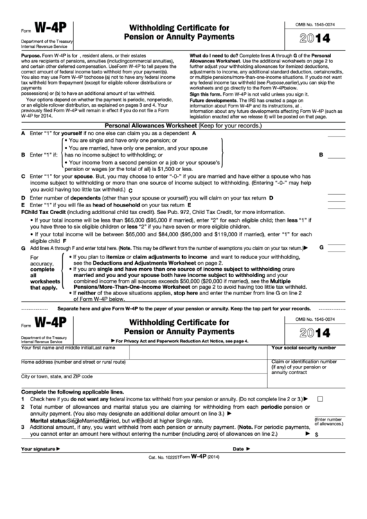 Fillable Form W-4p - Withholding Certificate For Pension Or Annuity Payments - 2014 Printable pdf